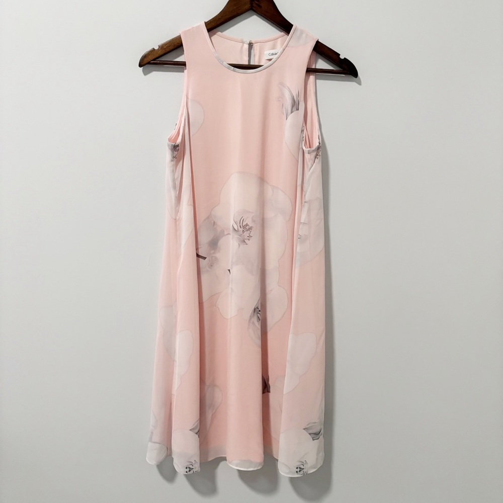 Calvin Klein Floral Sleeveless Shift Dress Womens Size 6 Pink Pastel Sheer Flowy